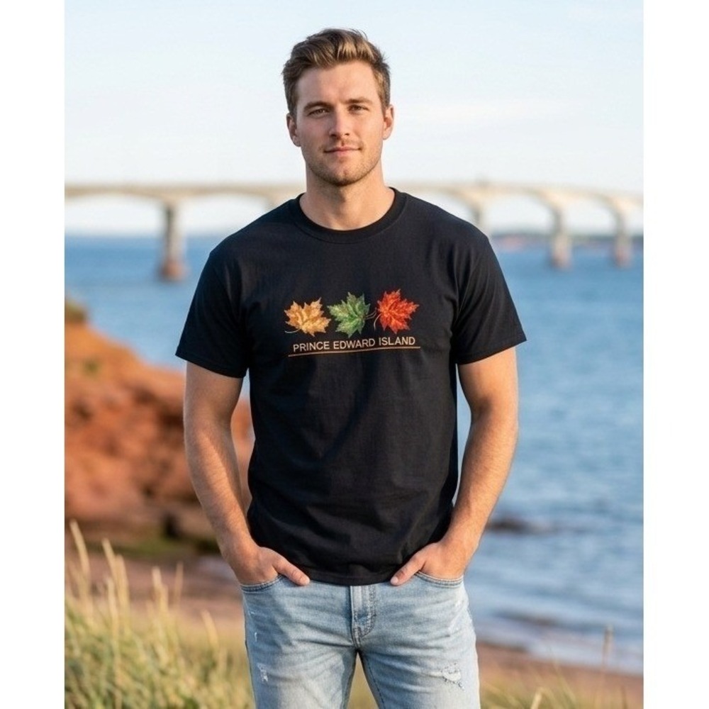 Gildan Men's Prince Edward Island Embroidered Maple Leaf T-Shirt Navy Blue Large